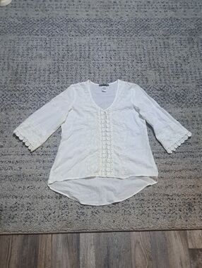 XCVI Cream Crochet-Trim V-Neck 100% Cotton Blouse